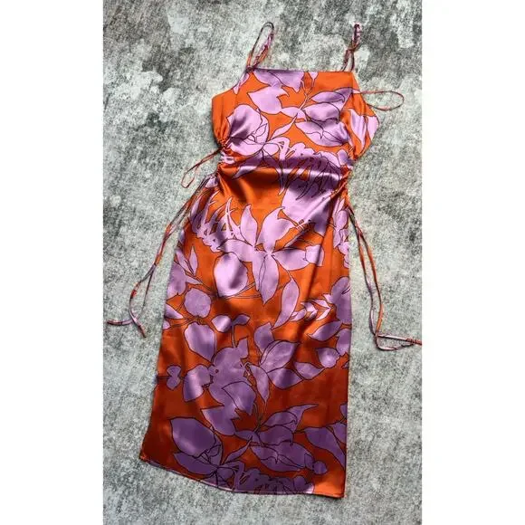 Christian Lacroix Midi Dress M Silky Satin Floral Cutout Resort Beach $460 - Picture 4 of 12